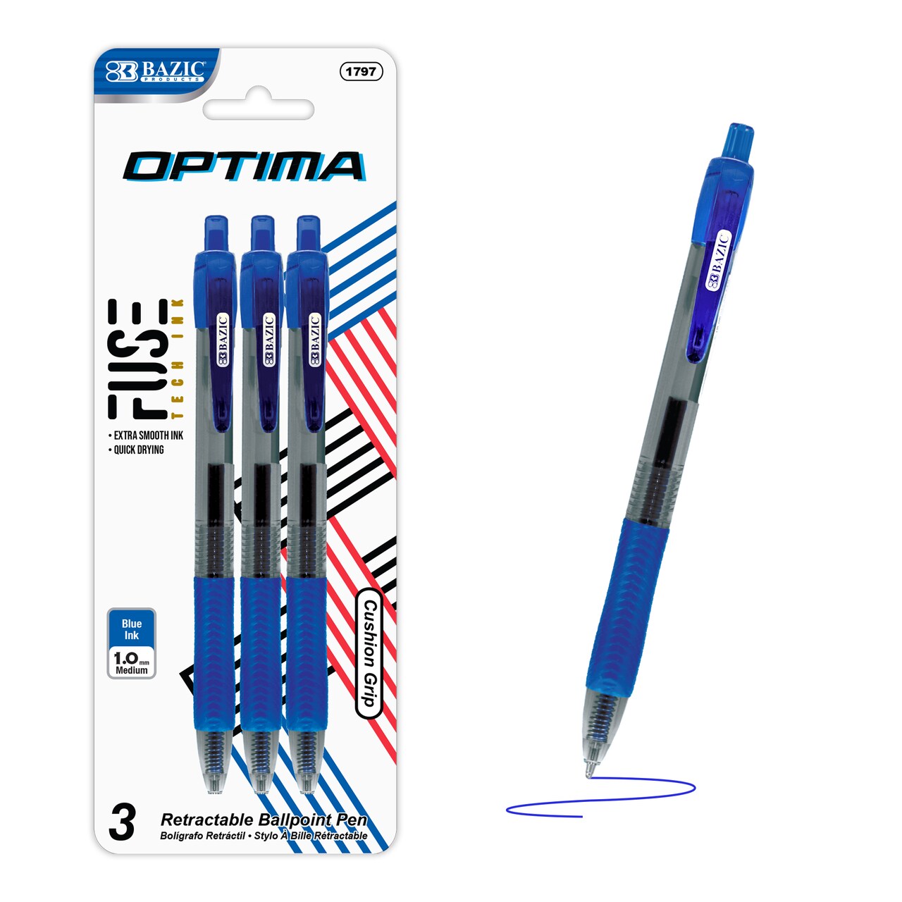 BAZIC Optima Blue FUSE Tech Ink Retractable Pen w/ Grip (3/Pack)